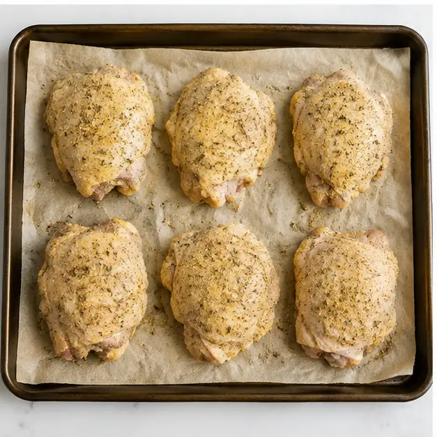 Step 3: Arranging chicken skin side up on a sheet pan