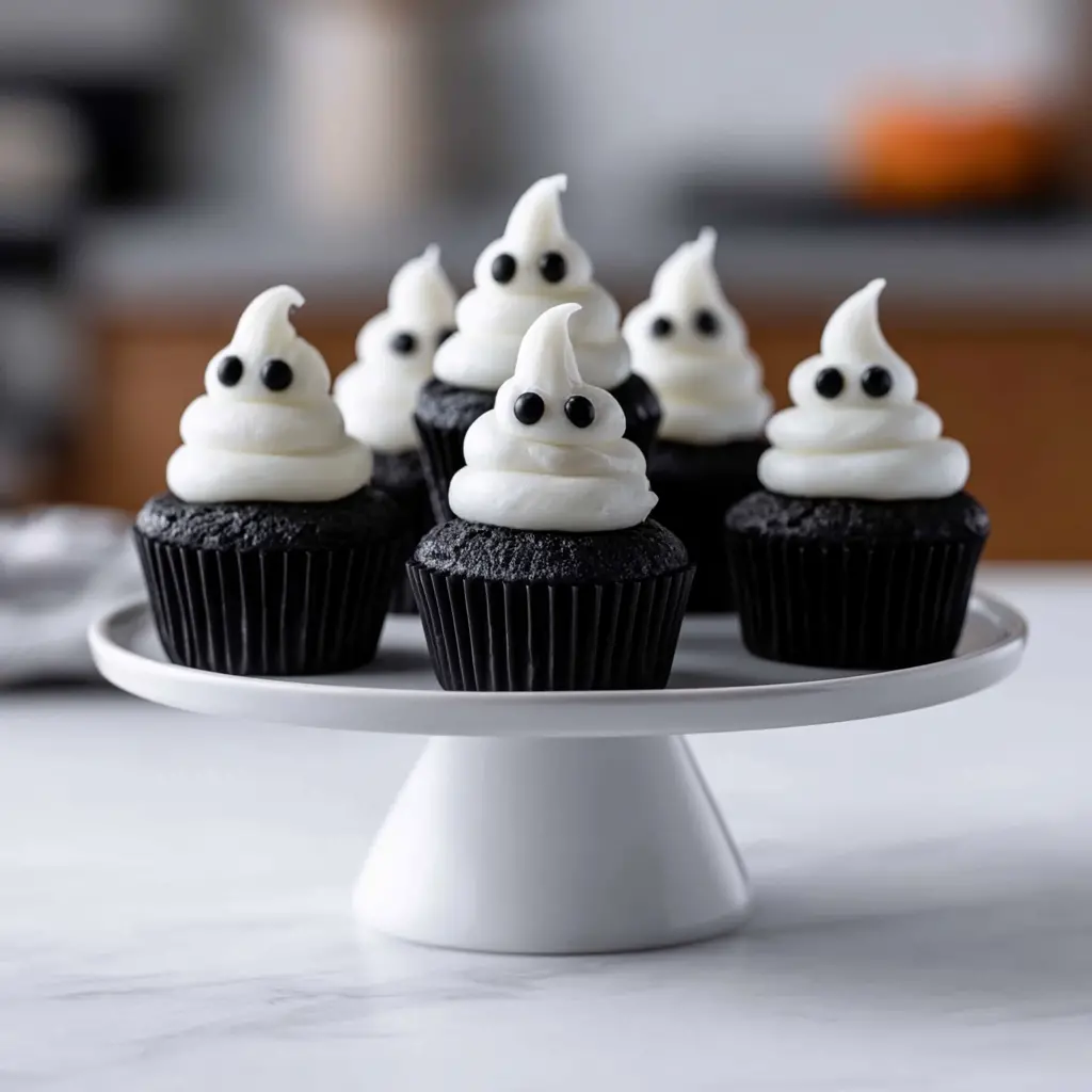 black cocoa ghost cupcakes - final presentation