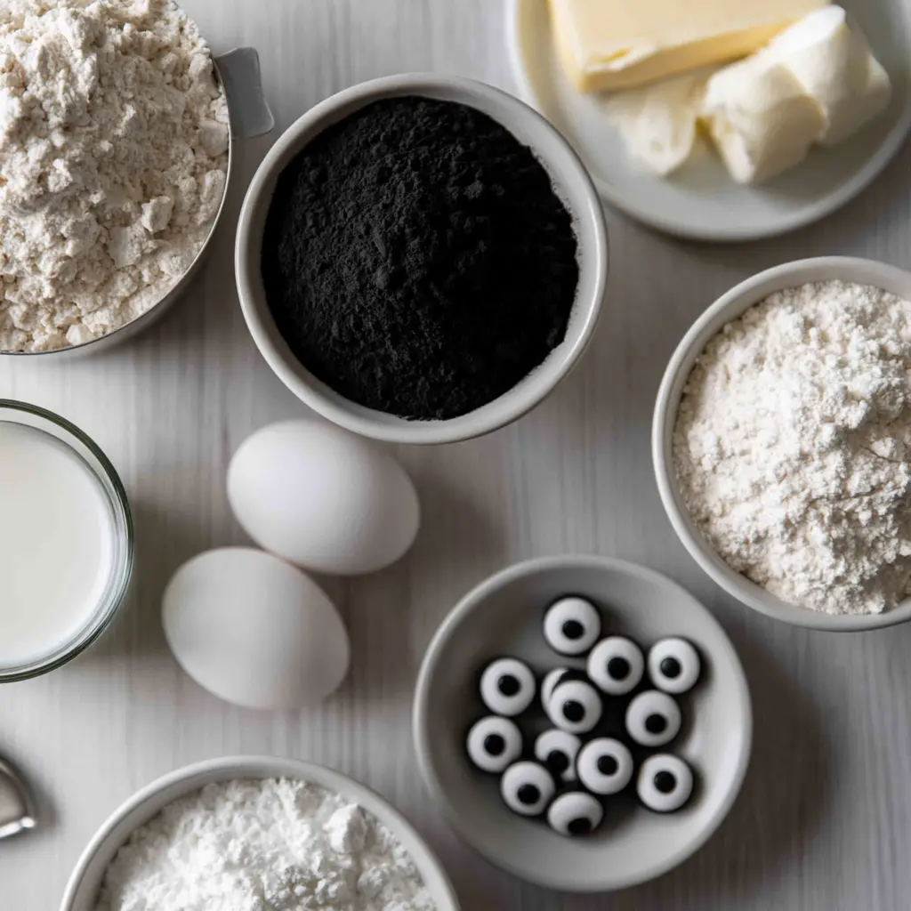 black cocoa ghost cupcakes - main ingredients