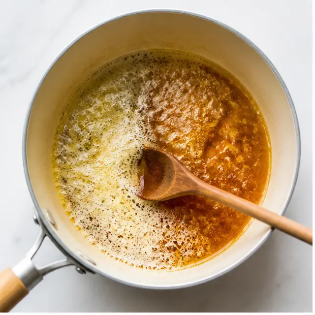 Step 1: Melting and browning butter chunks in a saucepan until amber