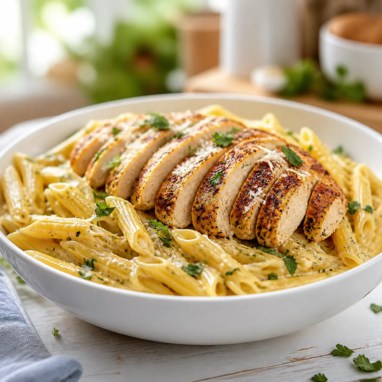 cajun garlic parmesan chicken penne - final presentation