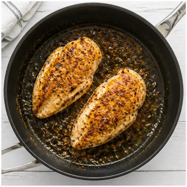 Searing cajun-seasoned chicken breast fillets until golden brown