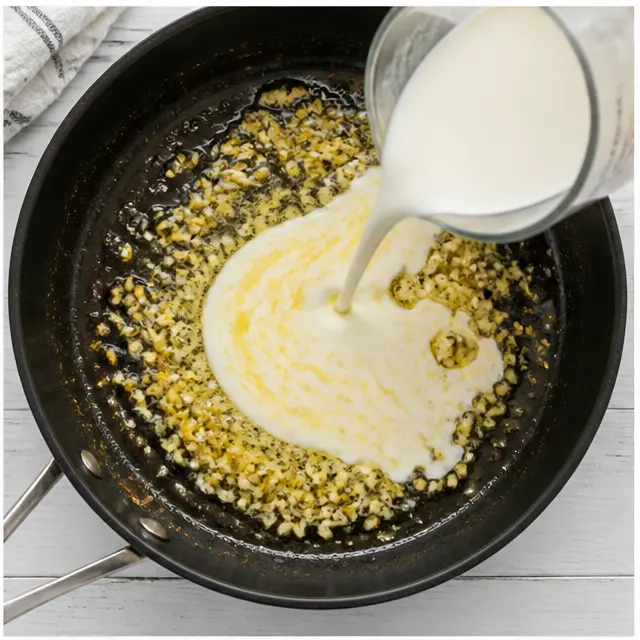 Building a garlic butter cream sauce and whisking in parmesan