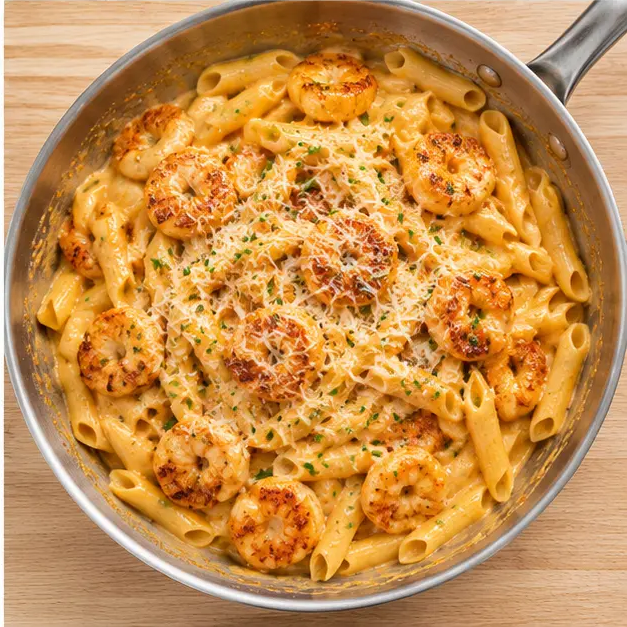 Step 4: Tossing penne and shrimp in the finished creamy sauce