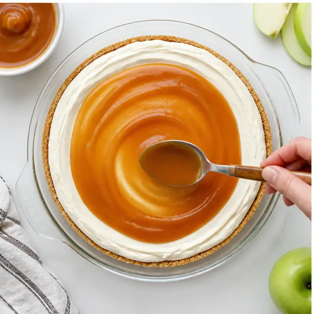 Spoon warm caramel over the cheesecake layer