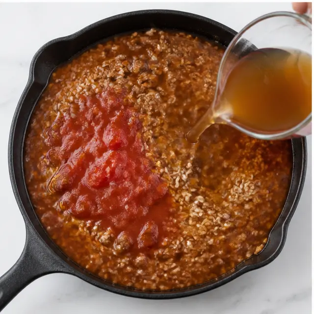 Step 3: Adding tomato sauce and beef broth to simmer