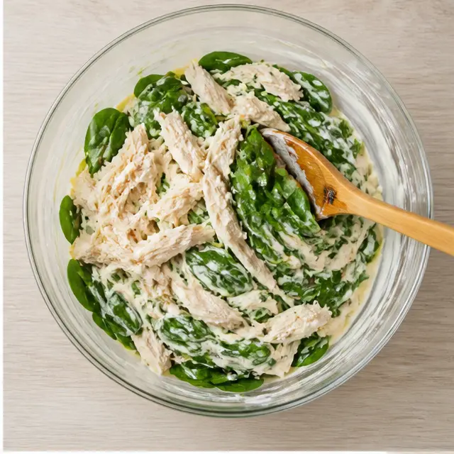 Folding the shredded chicken and spinach into the sauce