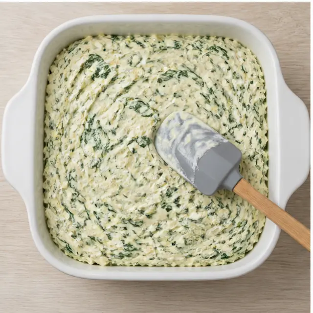 Smoothing the mixture into the casserole dish