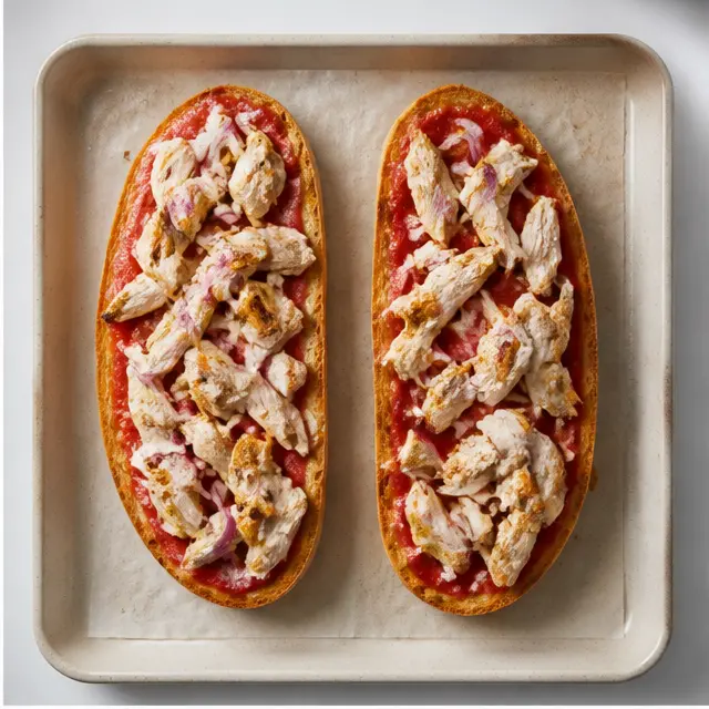 Step 2: Spreading tomato sauce and adding chicken and onion