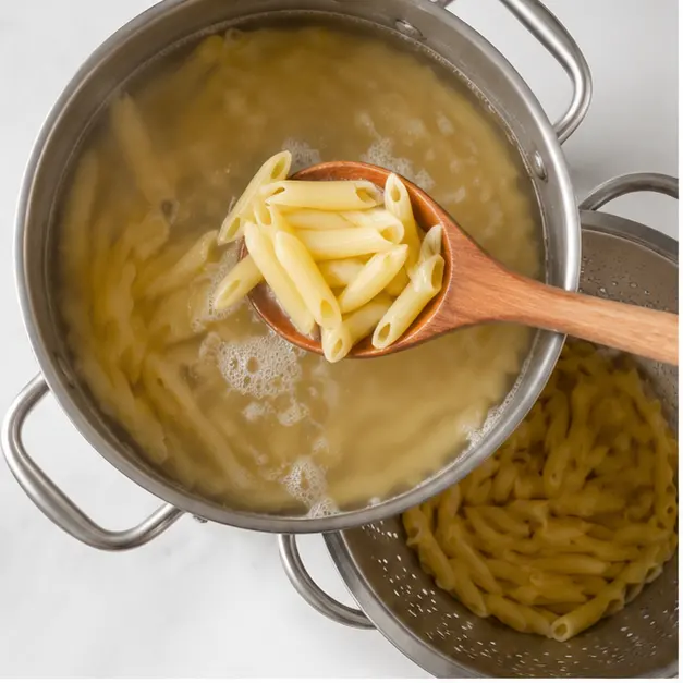 Step 1: Boiling the penne pasta until al dente.