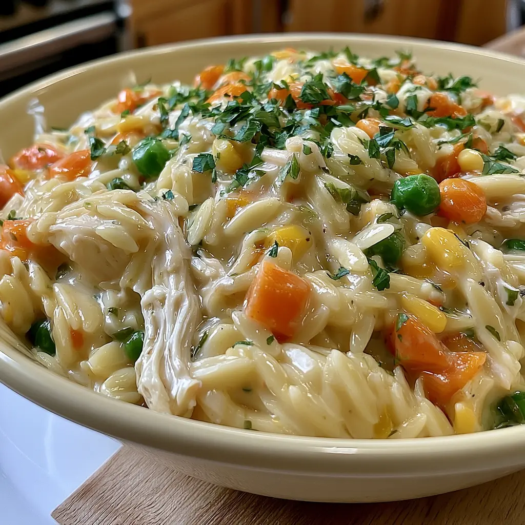 chicken pot pie orzo - final presentation