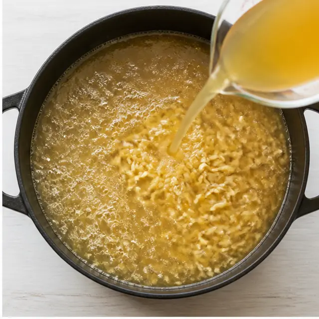 Step 2: Pour chicken broth and stir uncooked rice-shaped orzo pasta into a rolling boil