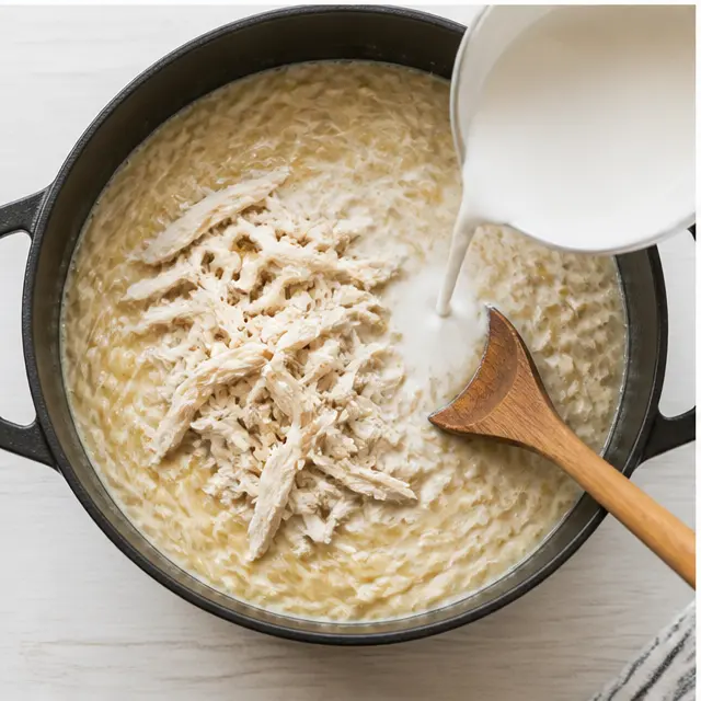 Step 3: Fold shredded cooked chicken and full-fat coconut milk into the creamy pot