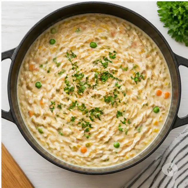 Step 4: Season with salt and pepper, then serve the finished creamy chicken pot pie orzo hot with parsley