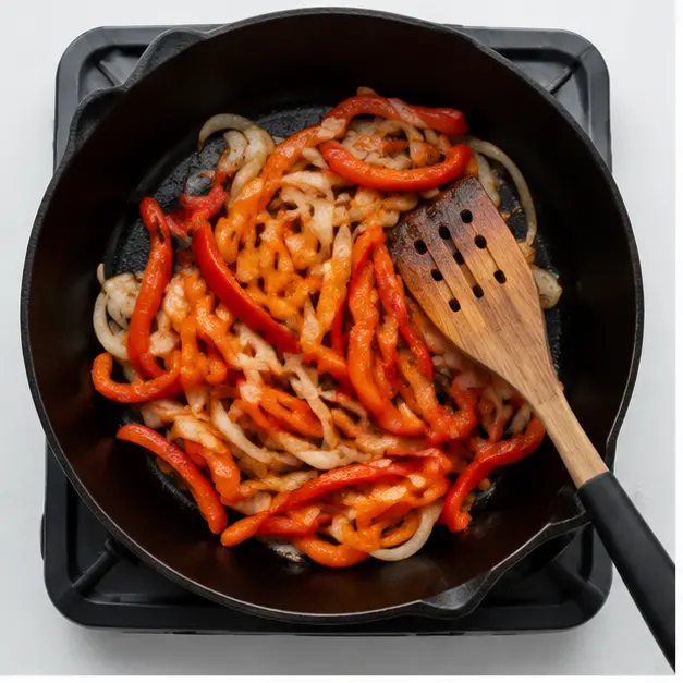 Step 1: Sauté sliced bell peppers and onion until softened, about 5 minutes