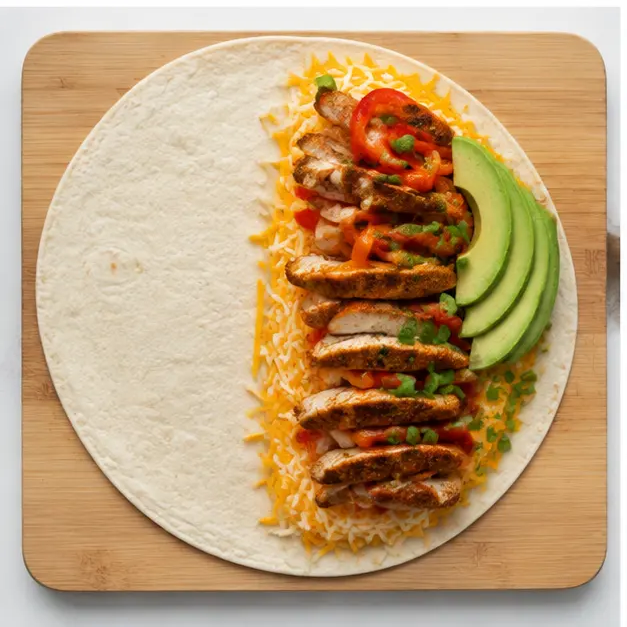 Step 3: Assemble the quesadilla with cheese, chicken, peppers, avocado and scallions on one half