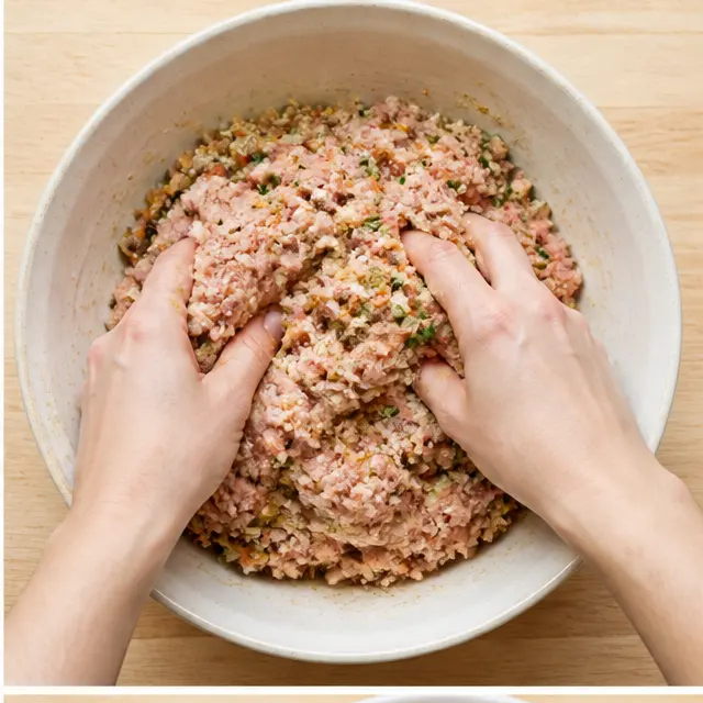 Step 2: Gently mix ground turkey with soaked bread crumbs and egg