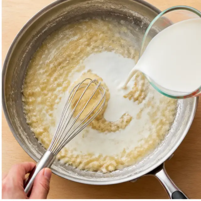Step 2: Whisking butter and flour into a roux, then streaming in milk slowly