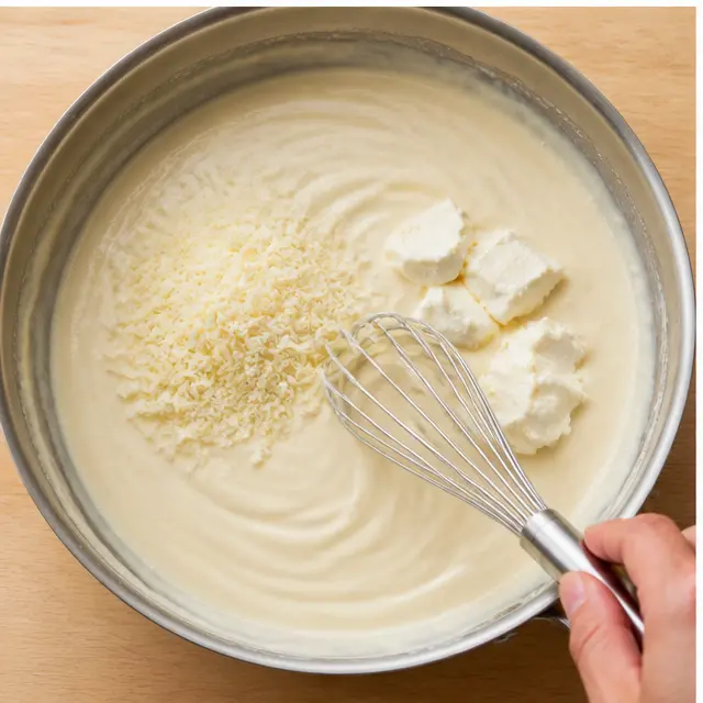 Step 3: Melting in Parmesan and gently folding in lump crab meat