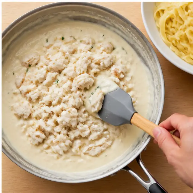 Step 4: Tossing the fettuccine with the crab alfredo sauce and serving
