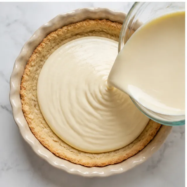 Step 3: Pouring the cream cheese filling into the par-baked crust
