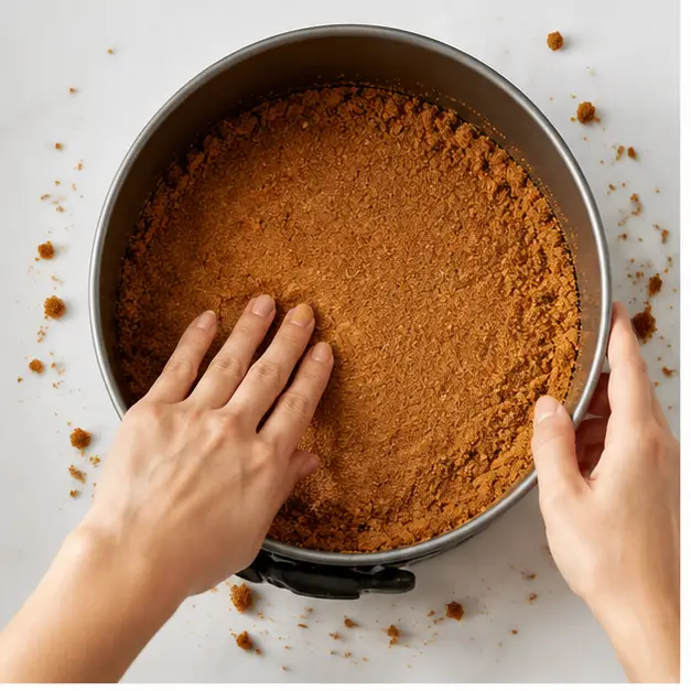Pressing the gingersnap crust into the springform pan