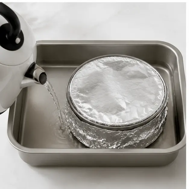 Adding boiling water to the roasting pan for the water bath