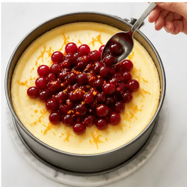 Arranging cranberries over the finished cheesecake