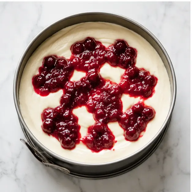 Step 3: Dolloping cranberry sauce over cheesecake filling
