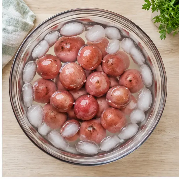 Cooling boiled red potatoes in an ice bath