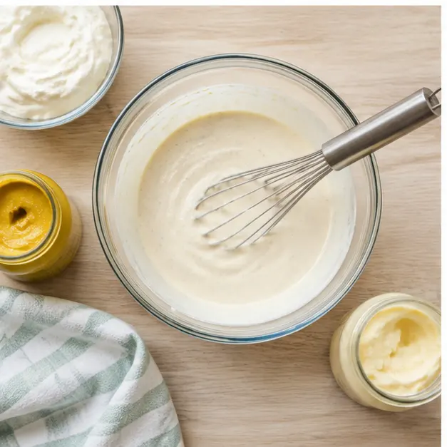 Whisking sour cream, mayonnaise, and mustard into a creamy dressing