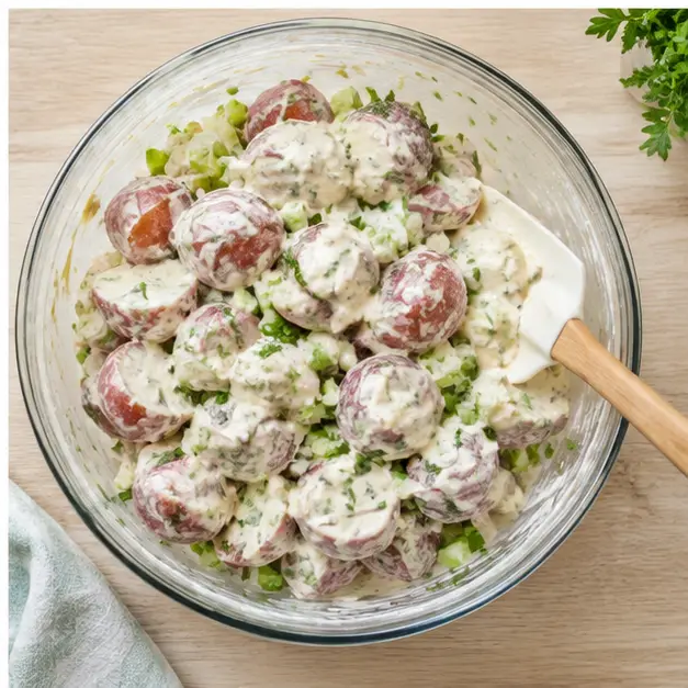 Folding dressing, herbs, celery, and pickles into the potato chunks
