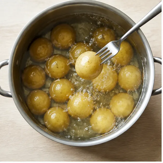 Step 1: Parboiling whole baby potatoes in salted water until fork-tender