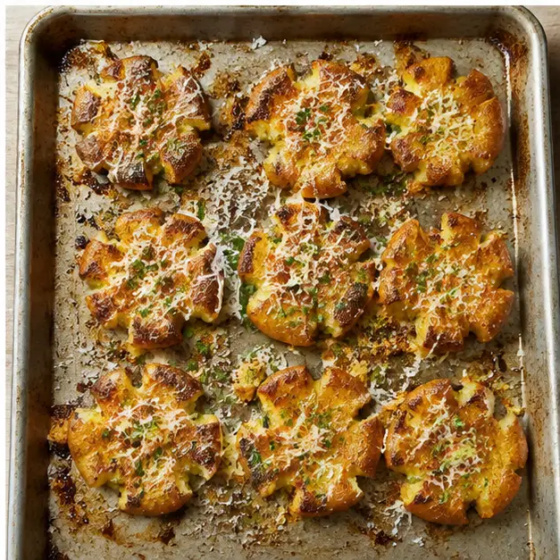 Step 4: Roasting until deeply golden and crispy, then garnishing with herbs and parmesan