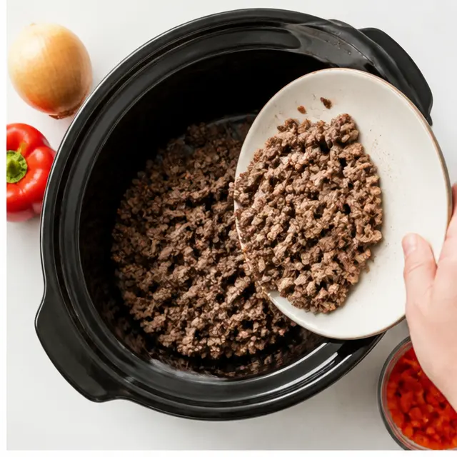 Adding beef and veggies to crockpot