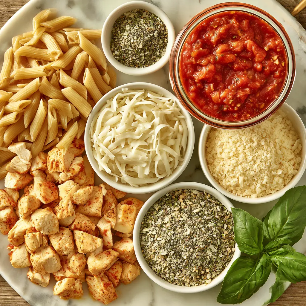 dump and bake chicken parmesan casserole - main ingredients