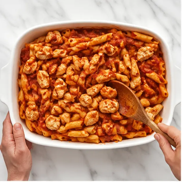 Step 1: Tossing cooked penne pasta with diced cooked chicken and marinara sauce