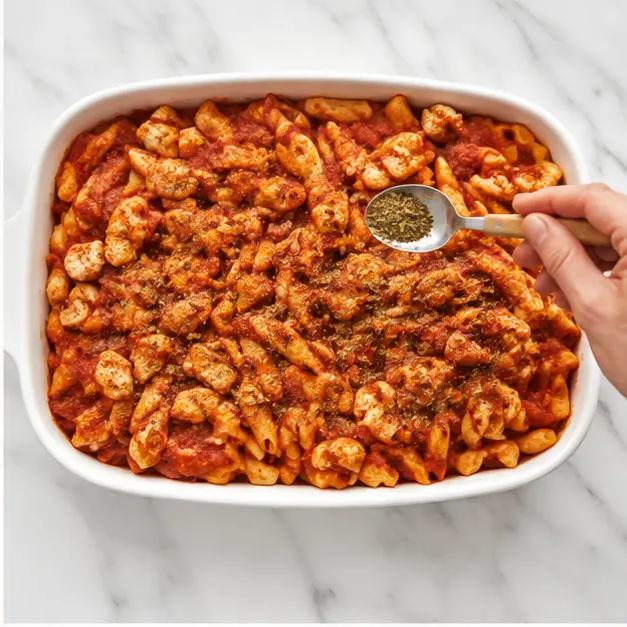 Step 2: Seasoning the saucy pasta mixture with Italian seasoning
