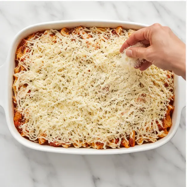 Step 3: Sprinkling shredded mozzarella and grated Parmesan cheese over the top