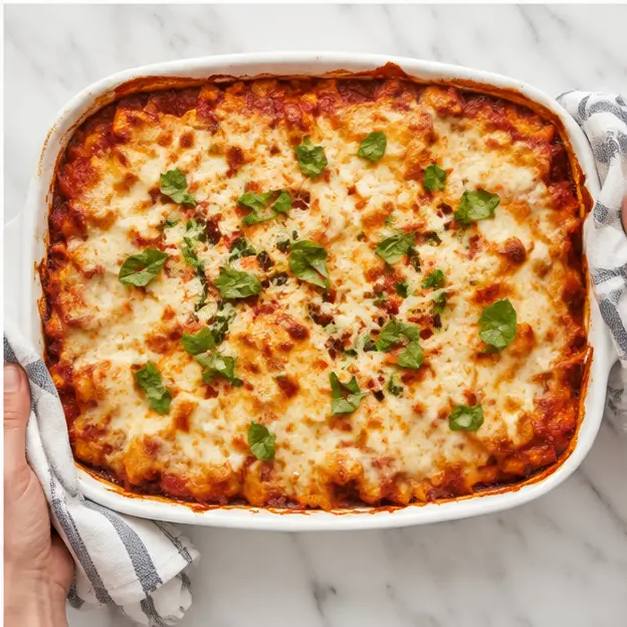 Step 4: Removing the golden and bubbly baked casserole from the oven