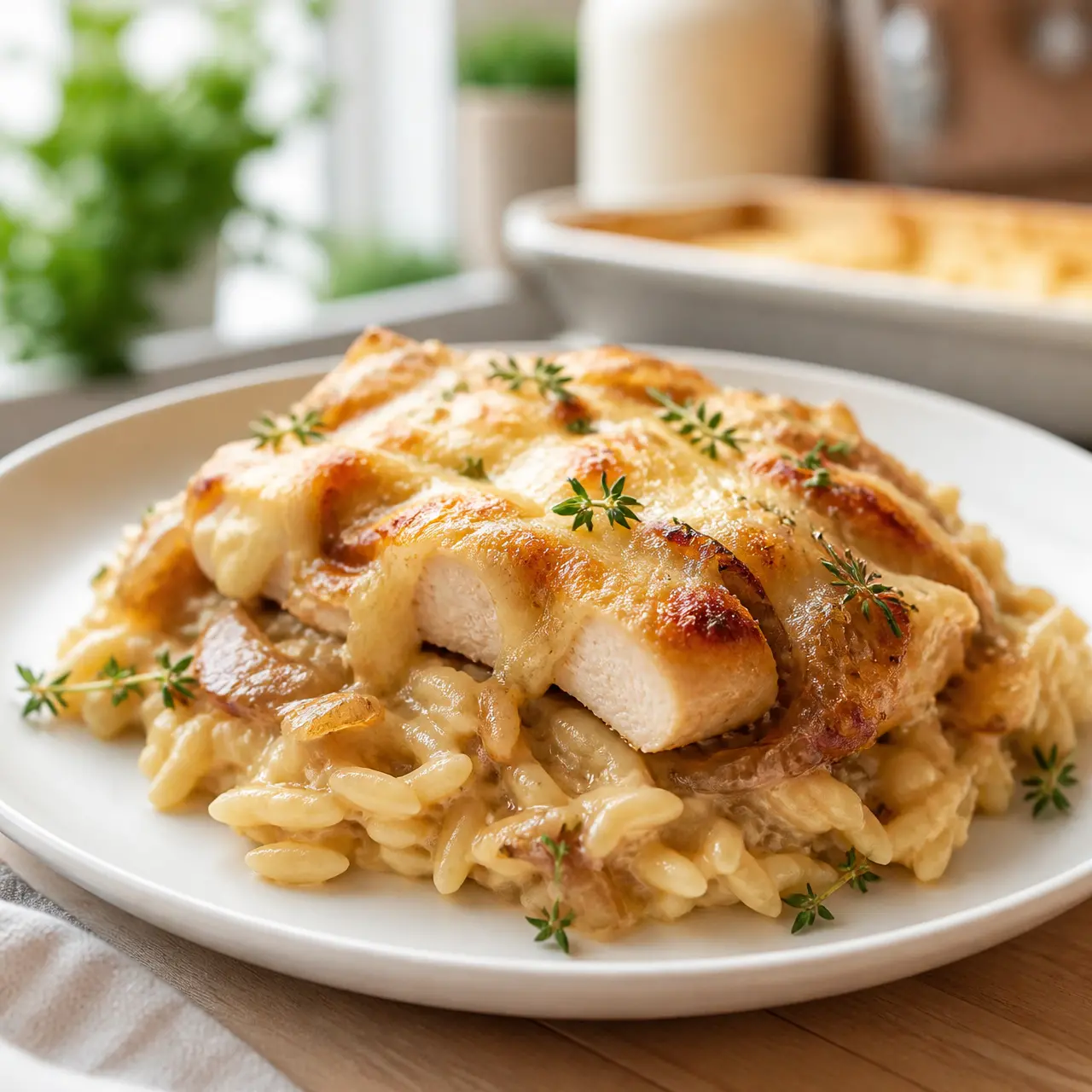 french onion chicken orzo casserole - final presentation