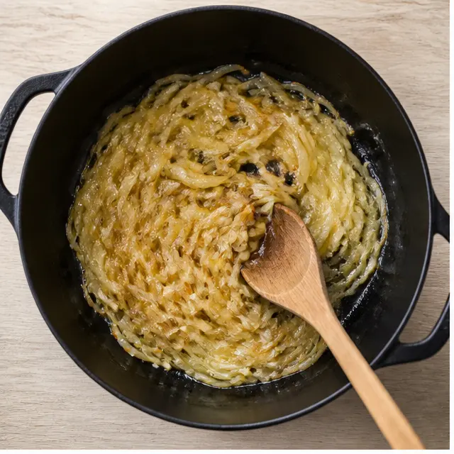 Step 1: Caramelizing sliced yellow onions in butter in a Dutch oven until soft and golden.