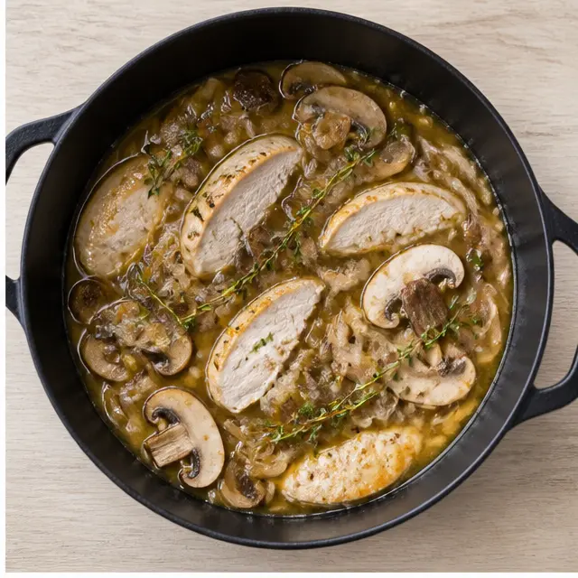 Step 2: Simmering sliced chicken fillets with fresh thyme, sage, broth, and cremini mushrooms.