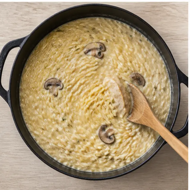 Step 3: Stirring dry orzo pasta into the creamy broth and Parmesan mixture until glossy.