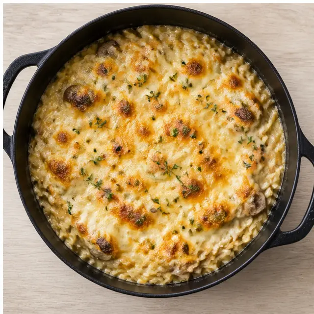 Step 4: Broiling the casserole with melted Gruyere cheese until golden and bubbling.
