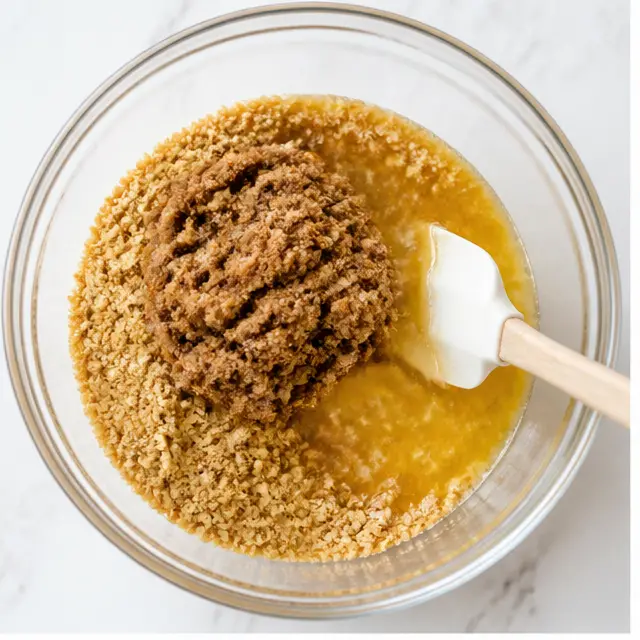 Mixing the graham crust with melted butter and spices