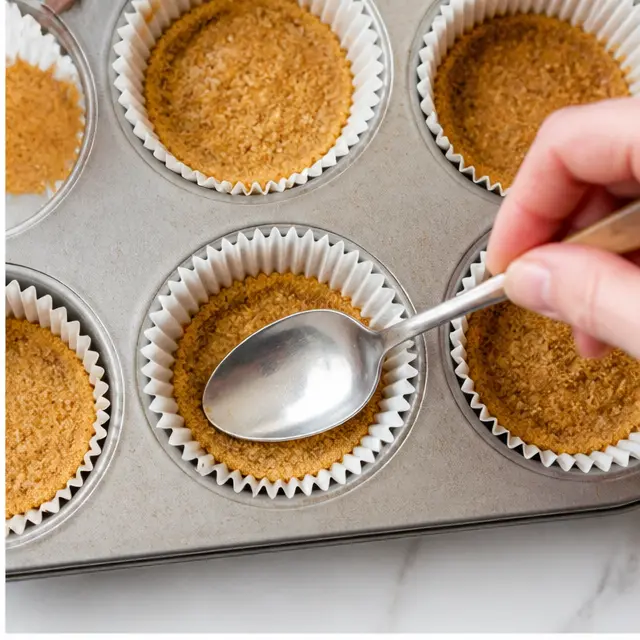 Pressing the crust firmly into paper-lined cupcake wells