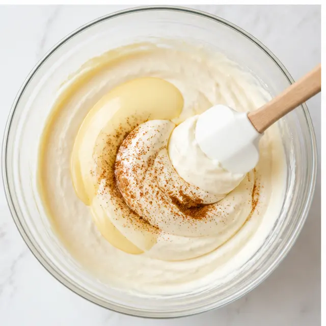 Folding cooled white chocolate and spices into the cream cheese filling