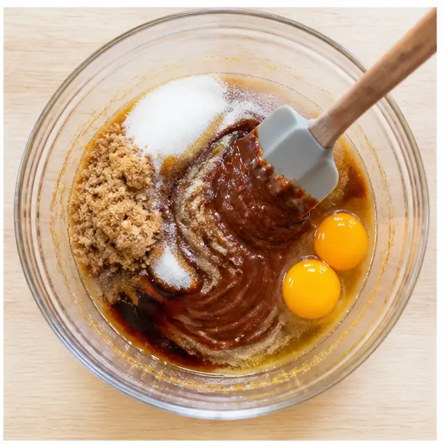 Step 2: Stirring melted butter, both sugars, vanilla, and room temperature eggs into the melted chocolate