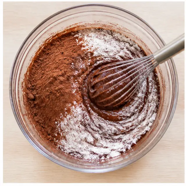 Step 3: Gently folding flour, cocoa, and salt into the batter just until no dry streaks remain